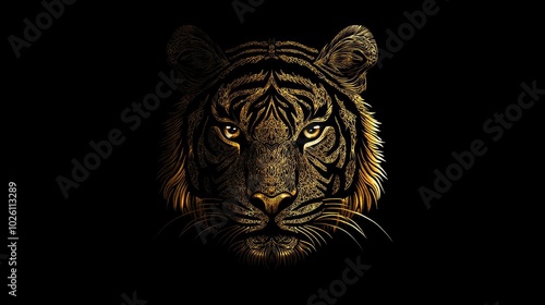 A symmetrical tiger face icon with intricate detailing on the fur and piercing eyes, ideal for wildlife or luxury brands.