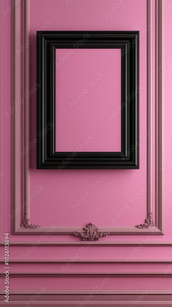 Mockup of Ornate Black Frame on Pink Wall in Classic Interior. Mockup of Ornate Black Frame on Pink Wall in Classic Interior.