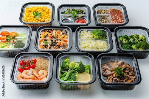 Healthy meal prep containers with various vegetables, shrimp, and grains on a white background