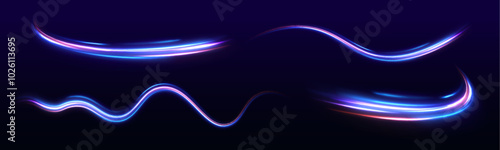 Big set of light neon lines in the form of swirl and spirals. Expressway in long delay, with car lights at night on autobahn. Vector glitter light fire flare trace.	