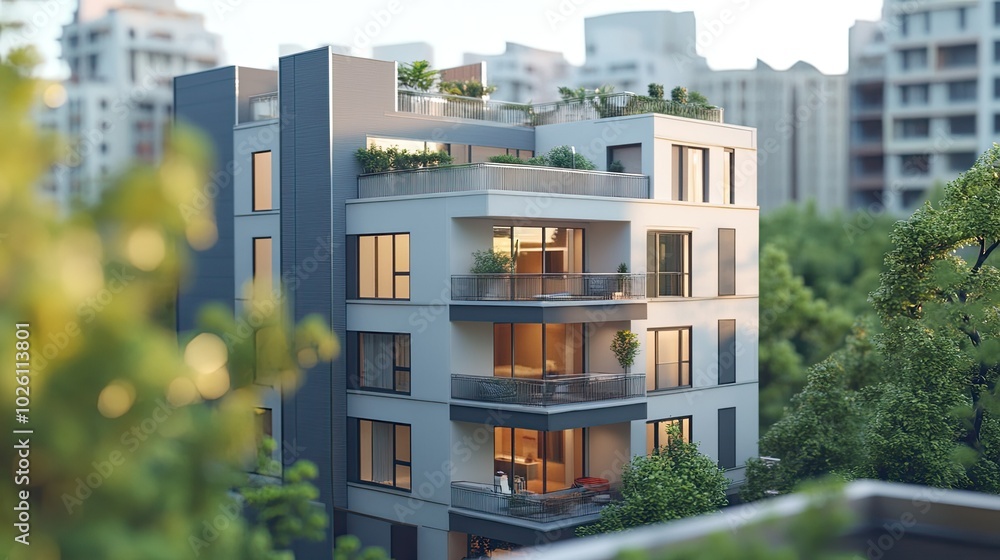 A townhouse model in an urban setting, showcasing sleek, tall buildings with balconies and rooftop spaces. A townhouse model in an urban setting, showcasing sleek, tall buildings with balconies and rooftop spaces.