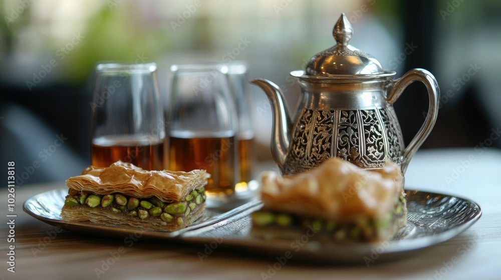 A traditional Turkish tea set with a side of pistachio-filled baklava, ready to be served. A traditional Turkish tea set with a side of pistachio-filled baklava, ready to be served.