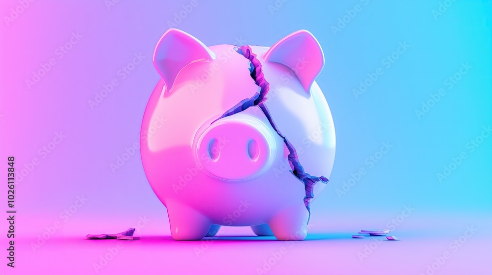 A cracked piggy bank against a vibrant gradient background symbolizes broken finances or savings challenges. A cracked piggy bank against a vibrant gradient background symbolizes broken finances or savings challenges.