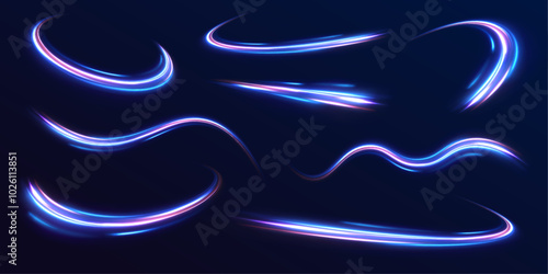 Speed connection vector background. A large set of low-poly designs made of thin lines in the form of branches, spirals and arcs. Long exposure of motorways as speed. 
