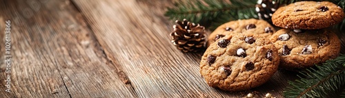 Wallpaper Mural Rustic holiday setting with chocolate chip cookies, pinecones, and evergreen branches on a wooden table, evoking cozy festive vibes. Torontodigital.ca