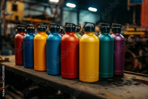 Row of Colorful Water Bottles on a Metal Surface