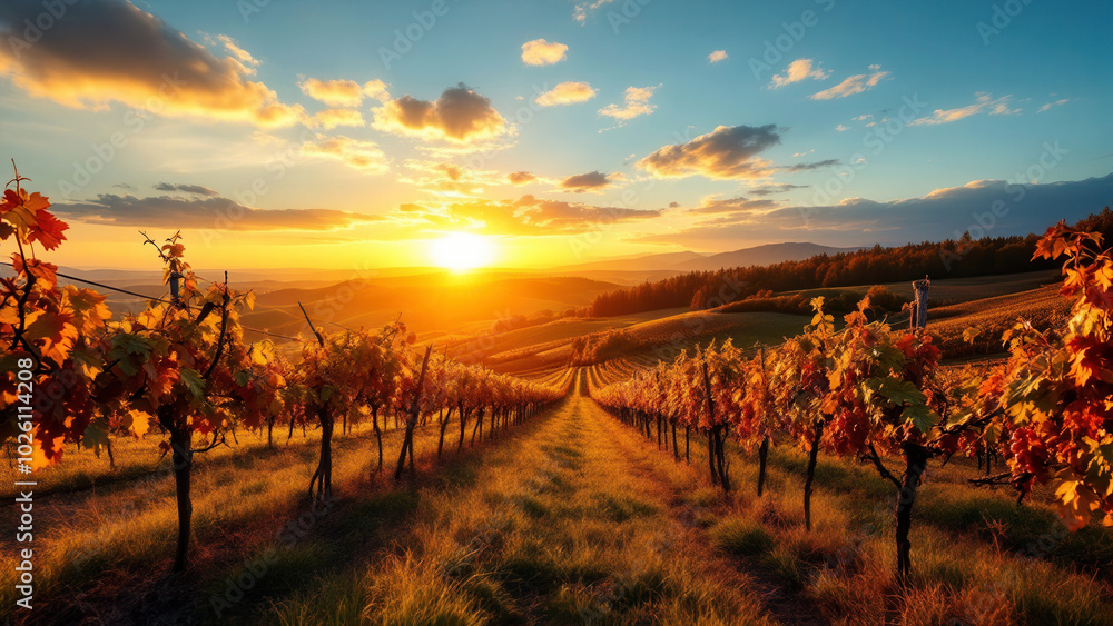 Obraz premium A vineyard is captured at golden hour and features vibrant autumn colours.