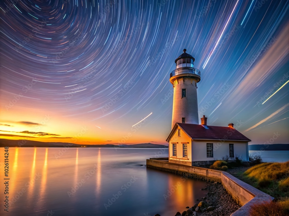 Majestic Long Exposure of Washington's Tallest Lighthouse at Dusk with Star Trails and Calm Waters Majestic Long Exposure of Washington's Tallest Lighthouse at Dusk with Star Trails and Calm Waters