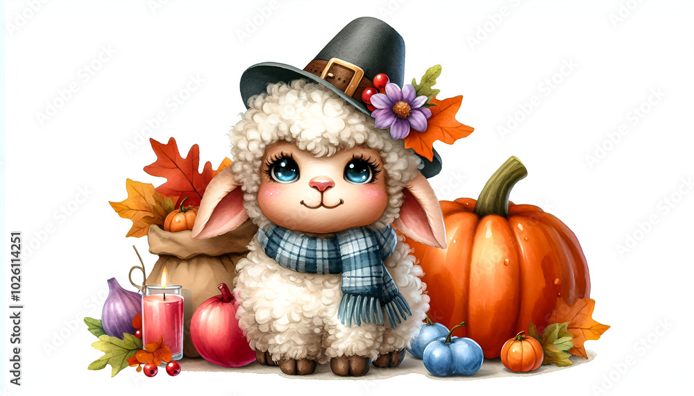 Watercolor Clipart of a funny Thanksgiving baby sheep, isolated on a white background Watercolor Clipart of a funny Thanksgiving baby sheep, isolated on a white background