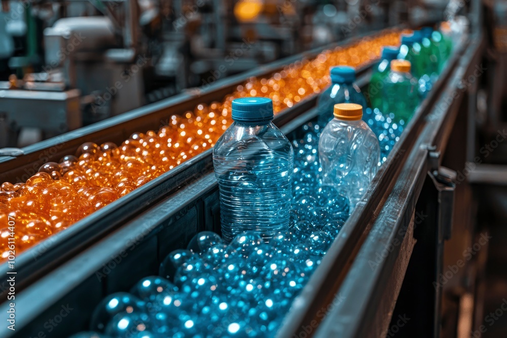 Plastic Bottles Moving on a Conveyor Belt in a Factory Plastic Bottles Moving on a Conveyor Belt in a Factory
