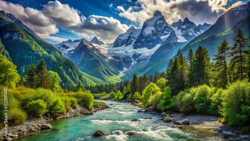 Majestic Mountain Landscape with Serene River - Scenic Nature Photography