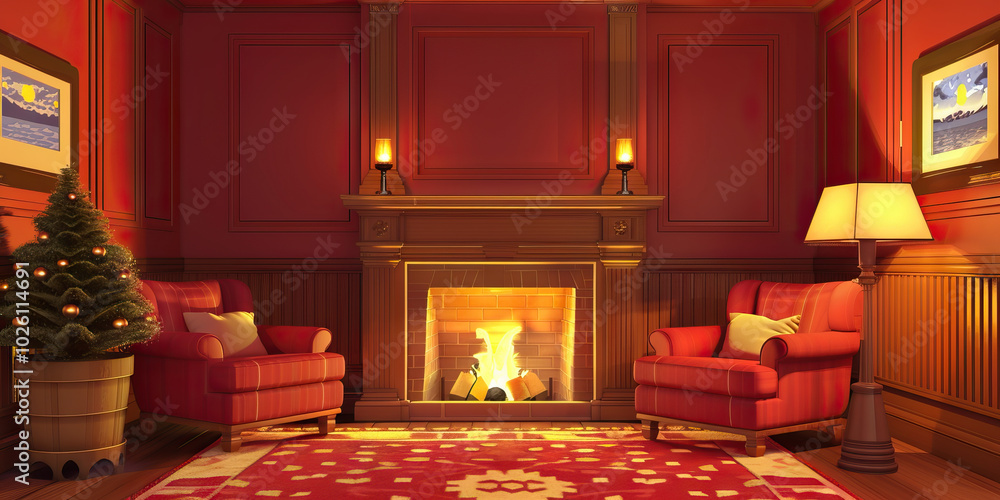 A cozy, fireplace-warmed corner of a bank, its soft reds and warm yellows inviting customers to relax and stay awhile. A cozy, fireplace-warmed corner of a bank, its soft reds and warm yellows inviting customers to relax and stay awhile.