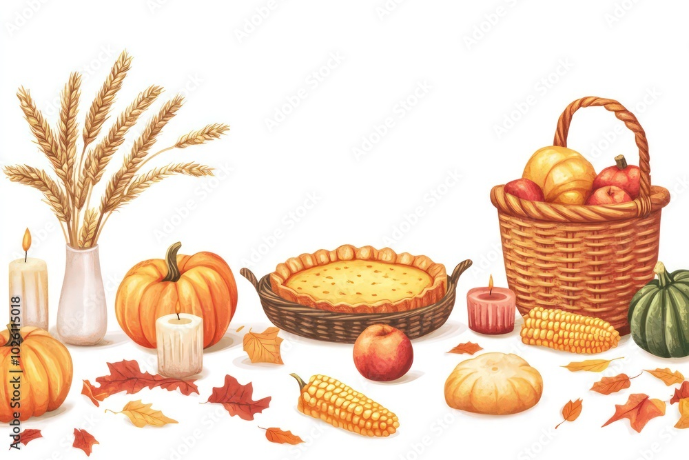 Fundry illustration of autumn food, white background, vector graphics, realistic, 2D design, a full spread with various fruits and vegetables around the table, Fundry illustration of autumn food, white background, vector graphics, realistic, 2D design, a full spread with various fruits and vegetables around the table,