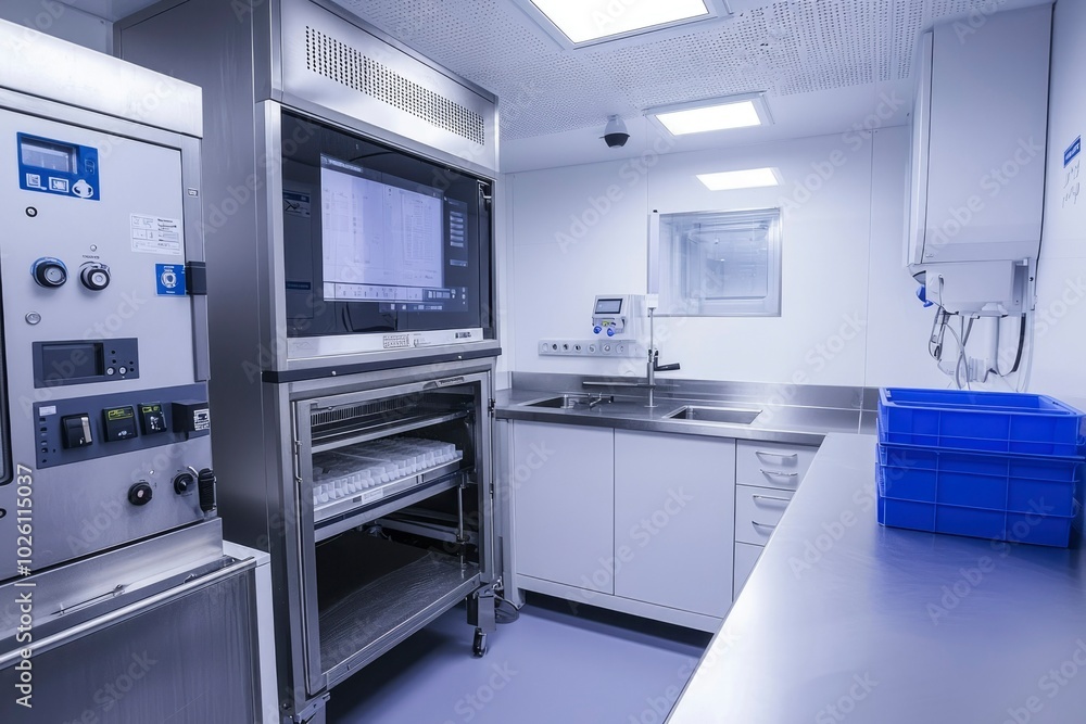 Stainless Steel Laboratory Equipment and Workbench in a Sterile Room Stainless Steel Laboratory Equipment and Workbench in a Sterile Room