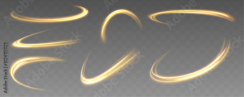 Set of curved yellow light lines on transparent background. Bright lights with glowing lines in motion with small particles and glare.