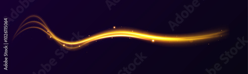 Shine magic gold swirl with flare sparkles. Curved yellow line light. Vector transparent sunlight special lens flare light effect. Blurred overlay effect for photo and mockups.