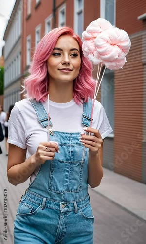 hair pter street colored young candy woman eating walking pink cotton woman street beautiful candy floss candy cotton young sweet lifestyle female people summer happy portrait food city fun photo