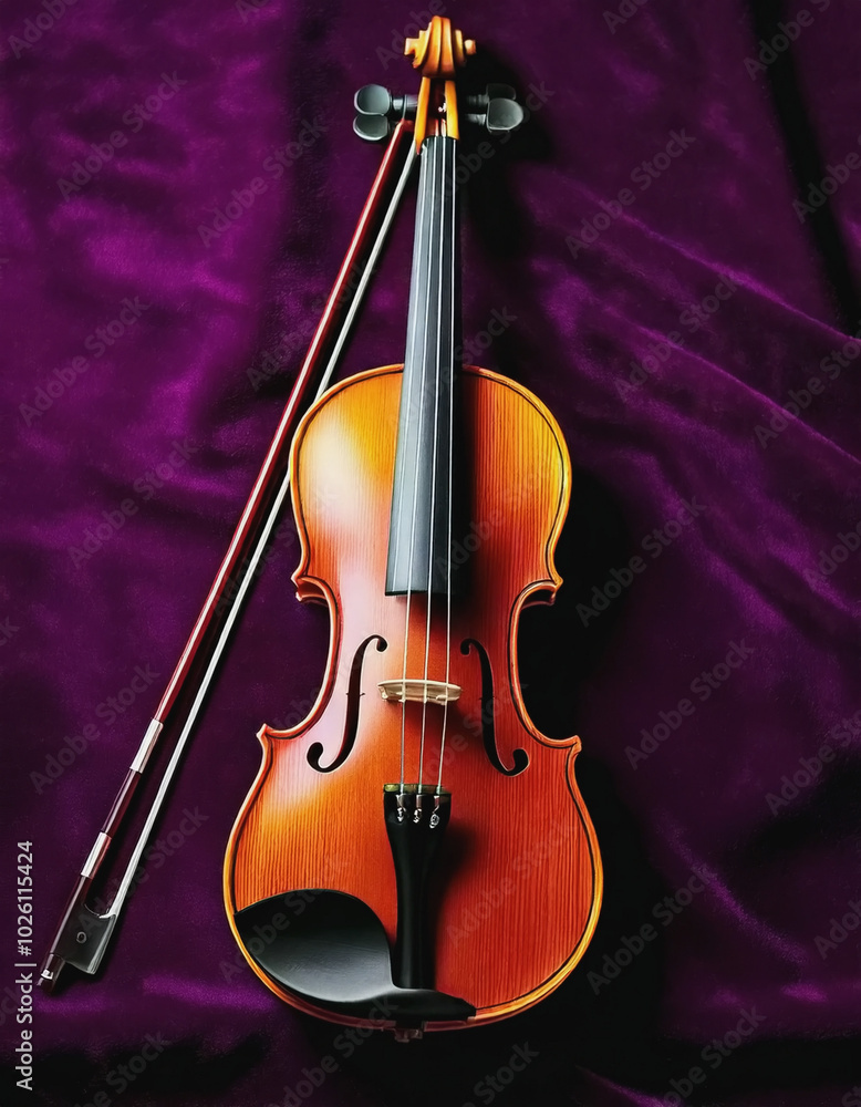 violin on a slight diagonal with bow isolated on royal purple velvet AI violin on a slight diagonal with bow isolated on royal purple velvet AI