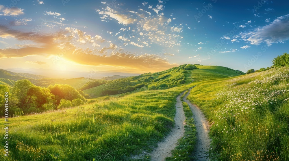 Obraz premium A road winds through a grassy field with a beautiful sunset in the background, generative ai image