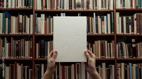 Mockup of a white empty b ook in library background photo