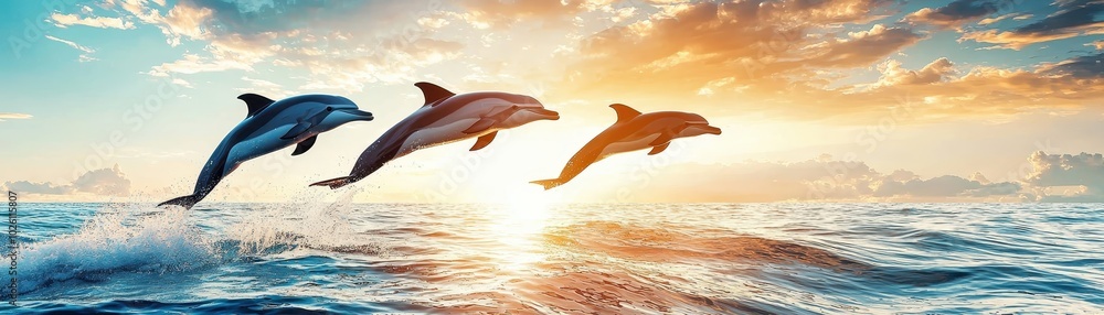Three dolphins leaping out of the ocean at sunrise, creating a breathtaking and serene seascape with vibrant colors and a sense of freedom. Three dolphins leaping out of the ocean at sunrise, creating a breathtaking and serene seascape with vibrant colors and a sense of freedom.
