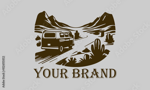 This vector illustration shows a vintage camper van driving over the vast desert sands. The setting sun rays provide a warm and dramatic effect on the image representing the concepts of freedom