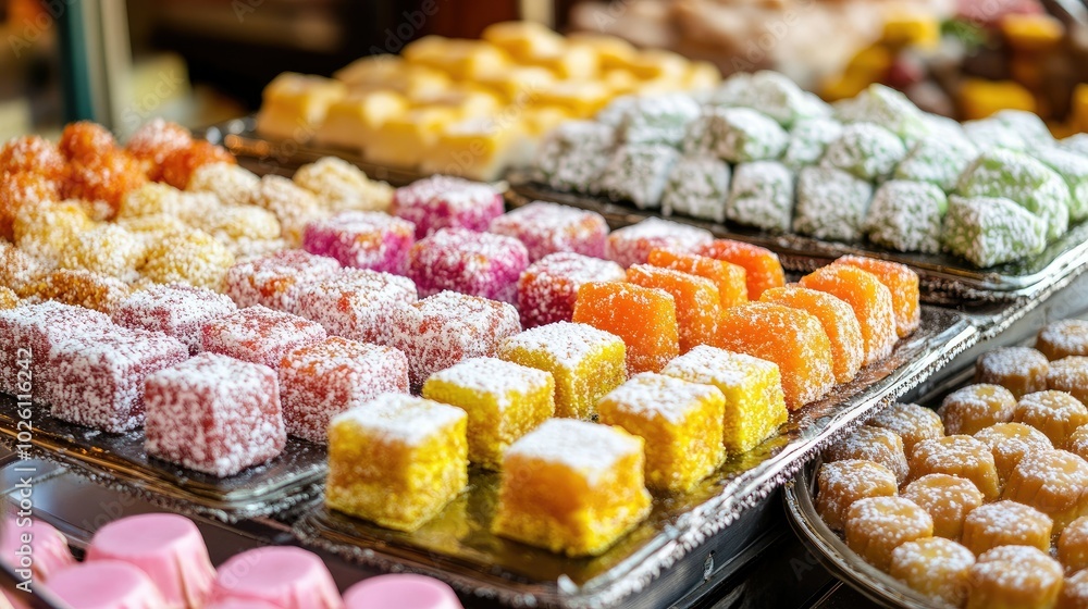 An array of Turkish sweets displayed at a street vendor stall, showcasing their vibrant colors and textures. An array of Turkish sweets displayed at a street vendor stall, showcasing their vibrant colors and textures.