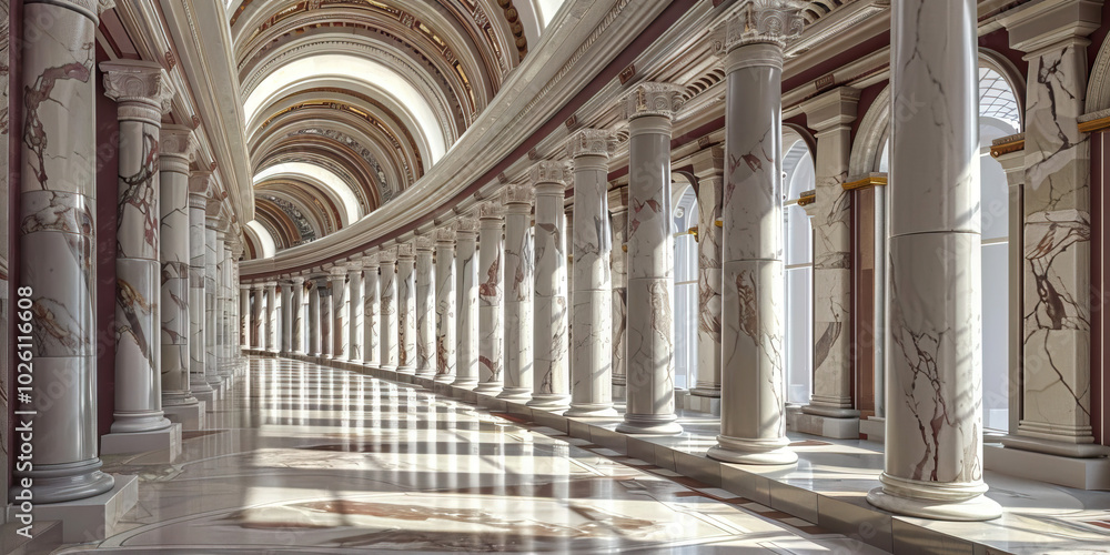 Obraz premium A row of marble columns supporting a domed ceiling in a grand bank lobby, with deep burgundy accents.