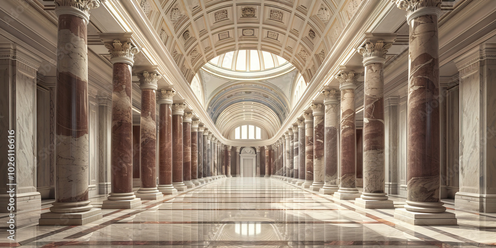 Obraz premium A row of marble columns supporting a domed ceiling in a grand bank lobby, with deep burgundy accents.
