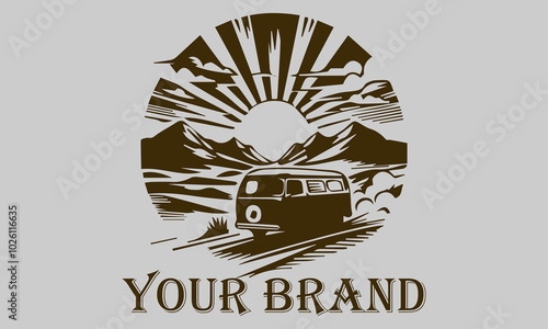 This vector illustration shows a vintage camper van driving over the vast desert sands. The setting sun rays provide a warm and dramatic effect on the image representing the concepts of freedom