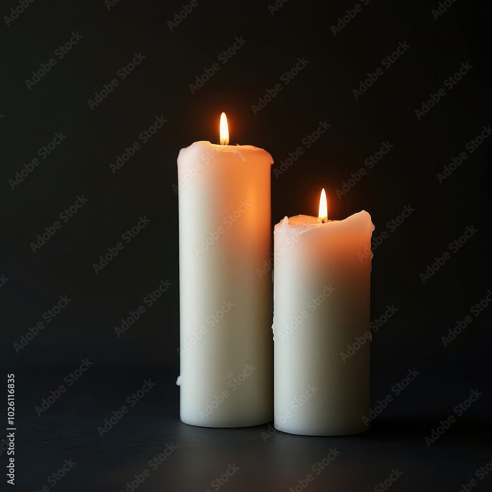 White pillar candles with flames illuminated isolated on black background White pillar candles with flames illuminated isolated on black background
