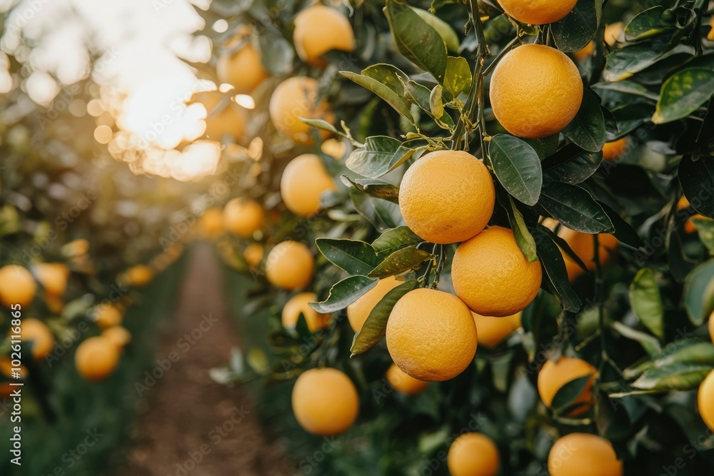 Ripe Oranges Hanging on a Branch in an Orchard Ripe Oranges Hanging on a Branch in an Orchard