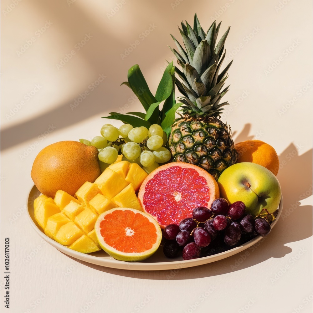 Tropical Fruit Platter on Beige Background Stock Photo 1 Tropical Fruit Platter on Beige Background Stock Photo 1