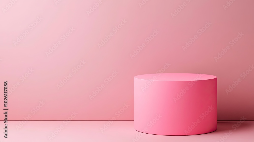 A single pink cylinder podium stands against a pink wall, ready for product display.