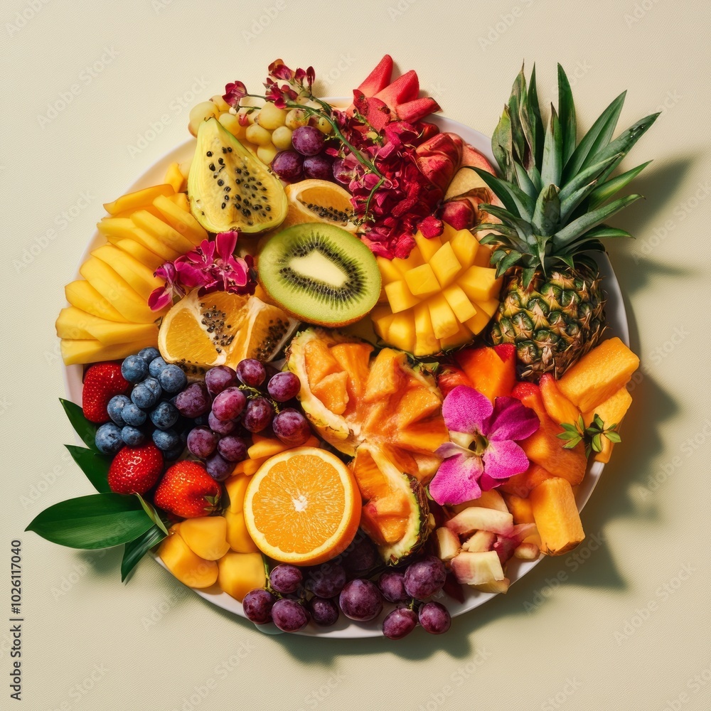 Tropical Fruit Platter on Beige Background Tropical Fruit Platter on Beige Background
