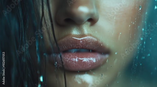 A striking close-up of wet hair framing glossy lips, captured against a glass surface with droplets, emphasizing raw beauty and a sense of mystery. photo