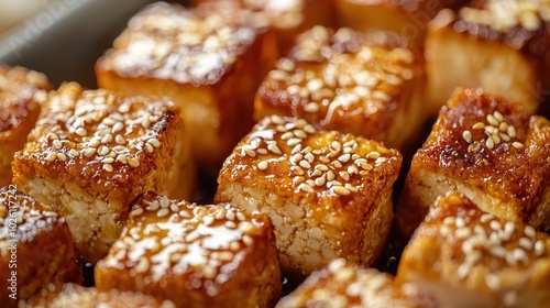 Baked Tofu Cubes with Soy Glaze and Sesame Topping