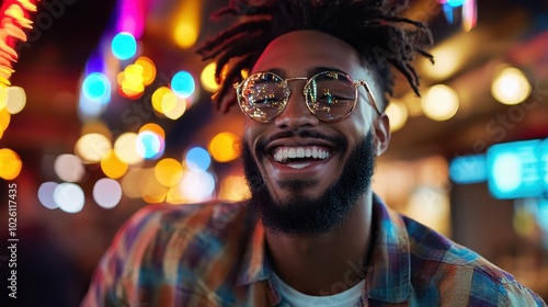 A stylish man in sunglasses exudes energy and vibrance in a lively urban atmosphere of neon city lights, capturing a scene of excitement and modern aesthetics.