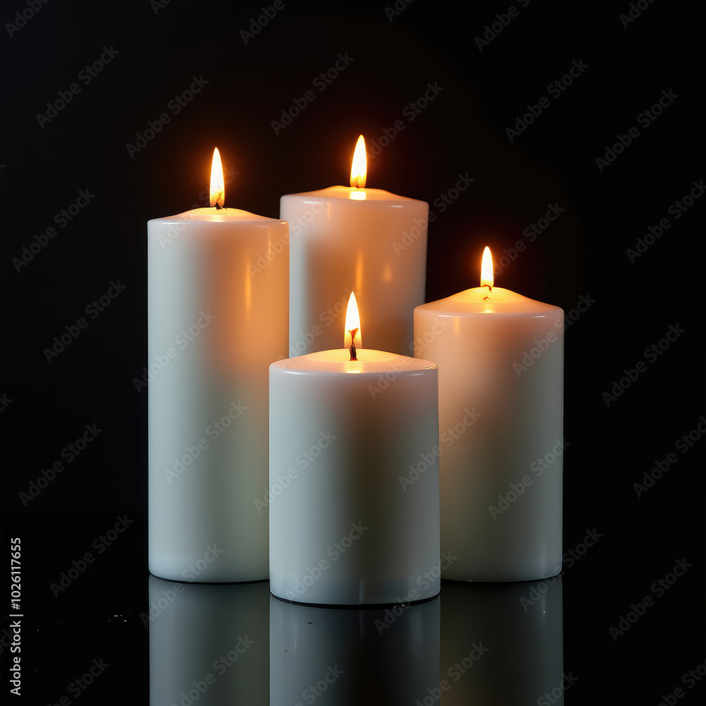 White pillar candles with flames illuminated isolated on black background White pillar candles with flames illuminated isolated on black background