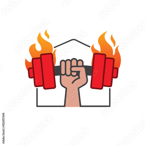 hand holding a dumbell logo burning house vector symbol design illustration