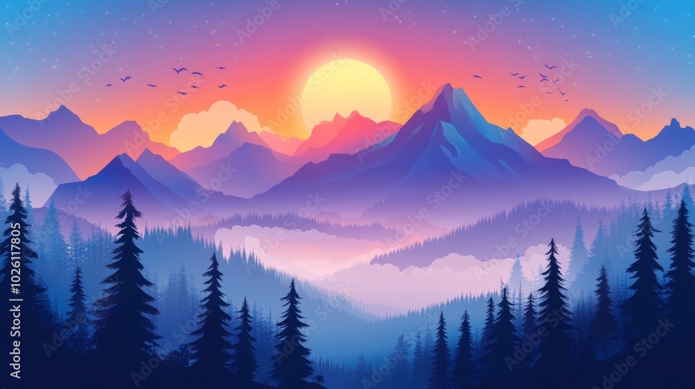 Obraz premium Abstract art with mountain and sun