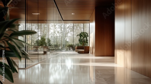 A bright modern lobby space is designed with extensive wood paneling and glass, enhanced by greenery, creating an inviting and open atmosphere for visitors.