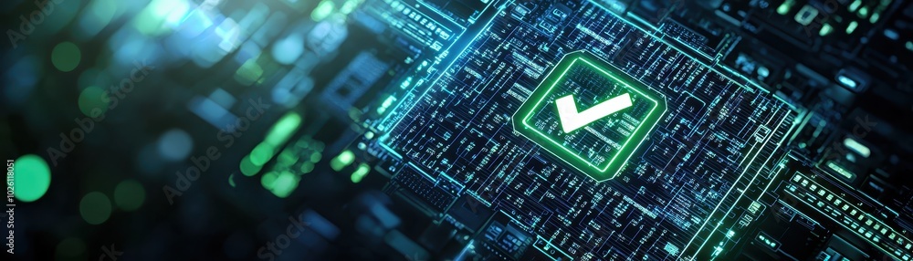 Digital verification checkmark on a glowing circuit board representing secure technology and data validation in a futuristic setting. Digital verification checkmark on a glowing circuit board representing secure technology and data validation in a futuristic setting.