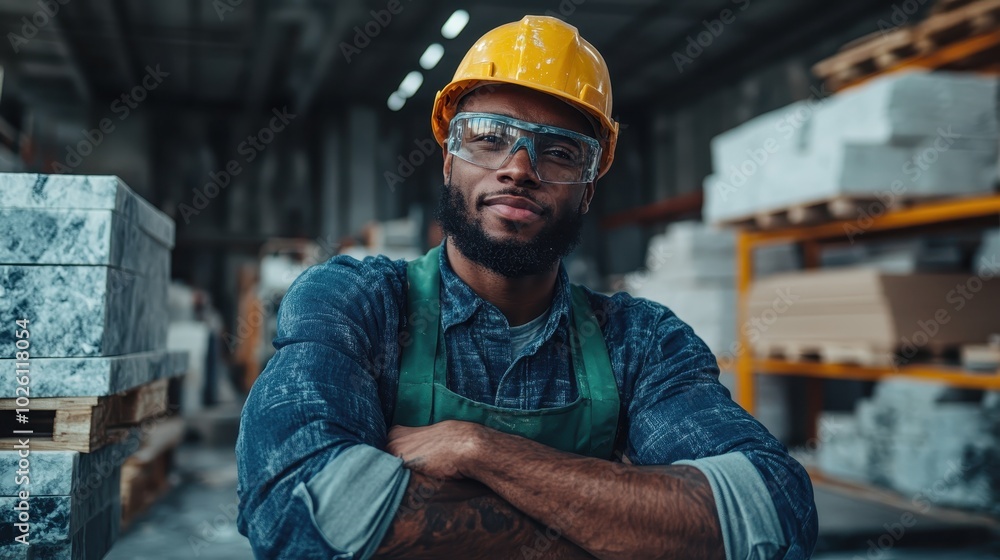 A confident worker stands in a marble warehouse, arms crossed, wearing protective gear and showcasing an expression of readiness and professionalism. A confident worker stands in a marble warehouse, arms crossed, wearing protective gear and showcasing an expression of readiness and professionalism.