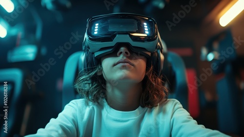 A person wearing a virtual reality device is deeply focused, engaging with the digital realm in a high-tech setting, experiencing an immersive virtual adventure. photo