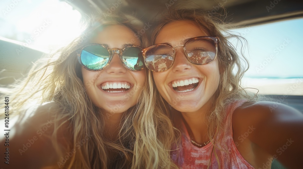 Two carefree friends with sunglasses capture a joyful selfie, beaming with happiness and embodying the freedom and warmth of a bright, sunlit day outdoors. Two carefree friends with sunglasses capture a joyful selfie, beaming with happiness and embodying the freedom and warmth of a bright, sunlit day outdoors.