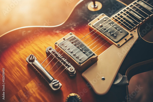 Close-Up of Electric Guitar Body with Wooden Finish and Warm Background - Sleek Minimalist Music Design photo