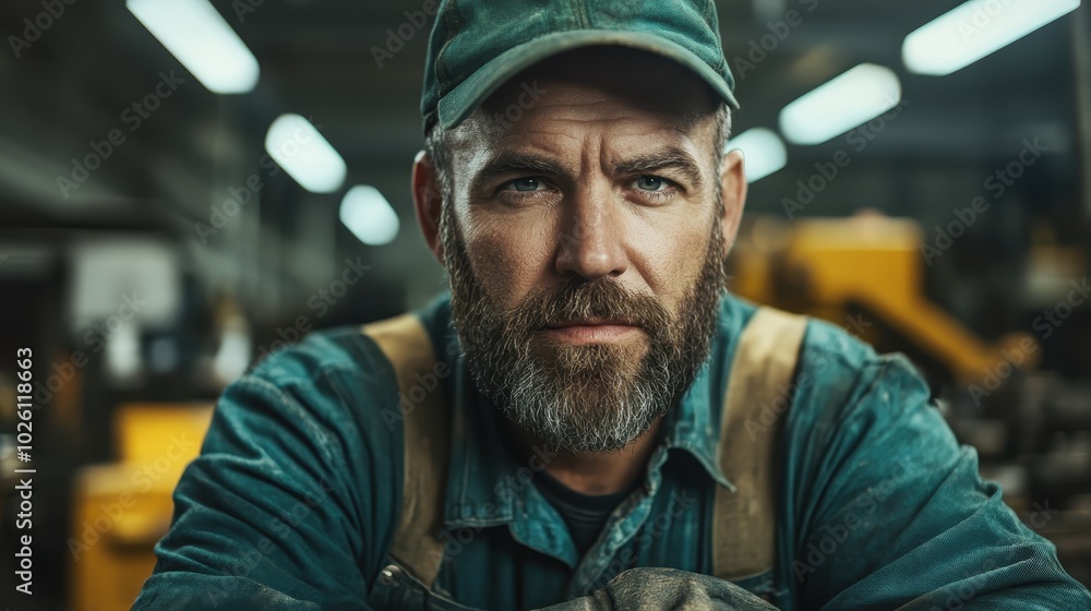 A robust man with a beard, wearing workwear and a green cap, stands confidently in a warmly lit workshop, symbolizing diligence and craftsmanship. A robust man with a beard, wearing workwear and a green cap, stands confidently in a warmly lit workshop, symbolizing diligence and craftsmanship.