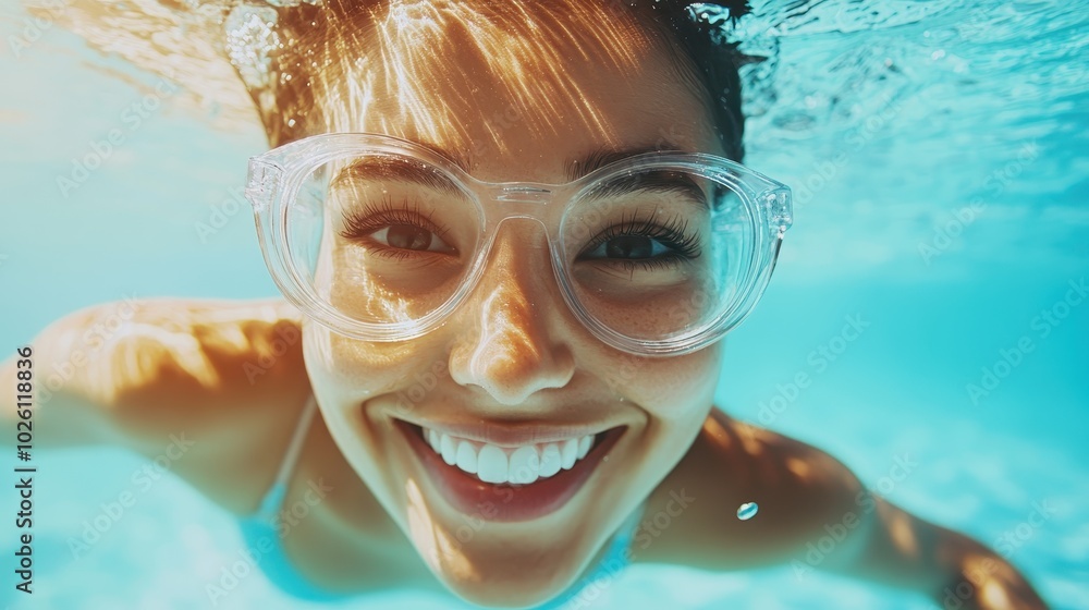 Naklejka premium A young woman enjoys a playful swim underwater, wearing transparent goggles, and expressing a radiant smile, illuminated by the lively reflections of sunlight.