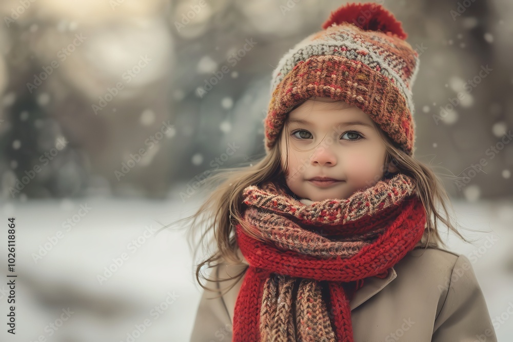 Little Girl Wearing a Cozy Winter Outfit with a Vibrant Red Accent, Generative AI. Little Girl Wearing a Cozy Winter Outfit with a Vibrant Red Accent, Generative AI.